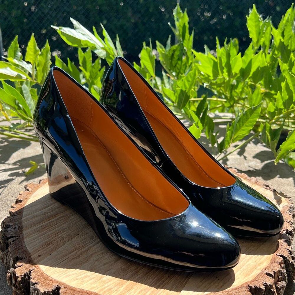 J. Crew Sylvia Wedges Black Patent Leather Heels Size 10.5